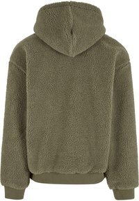 Veste à capuche vert olive en tissu polaire doux et texturé, poignets et taille côtelés, vue de dos.