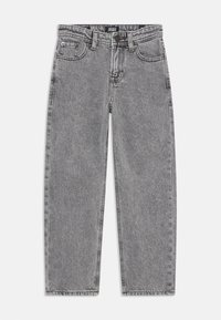 Grey denim jeans with a straight leg design, featuring five pockets, a button closure, and a subtle worn texture.