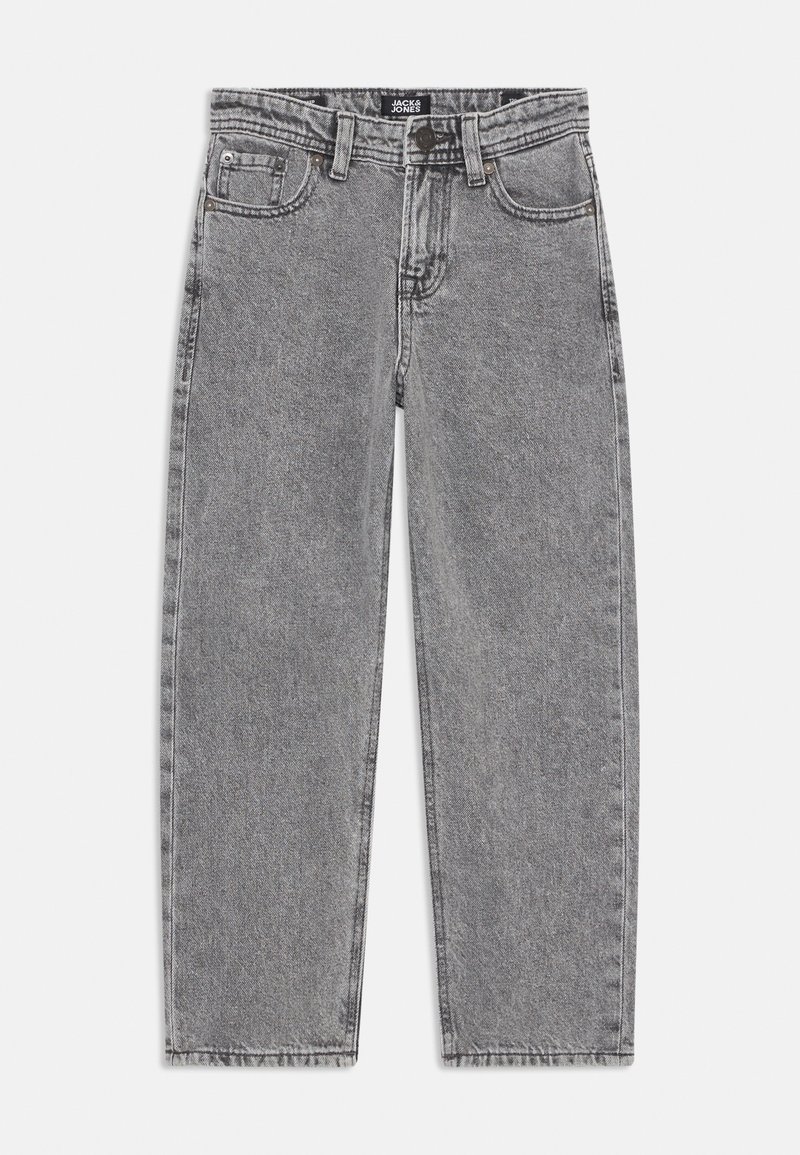 Grey denim jeans with a straight leg design, featuring five pockets, a button closure, and a subtle worn texture.