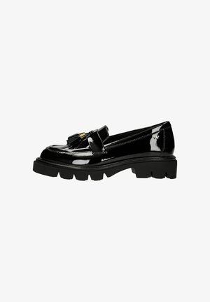 Black patent leather loafers with a chunky rubber sole, featuring a decorative tassel and gold-tone hardware on the front.