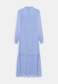 Robe midi à manches longues bleu clair avec un petit motif abstrait bleu foncé, poignets froncés et une jupe à volants, vue de dos.