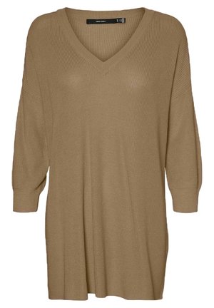 Beiger, übergroßer Strickpullover mit V-Ausschnitt und dreiviertellangen Ärmeln, lockerer Passform, gerippte Struktur von Vero Moda.