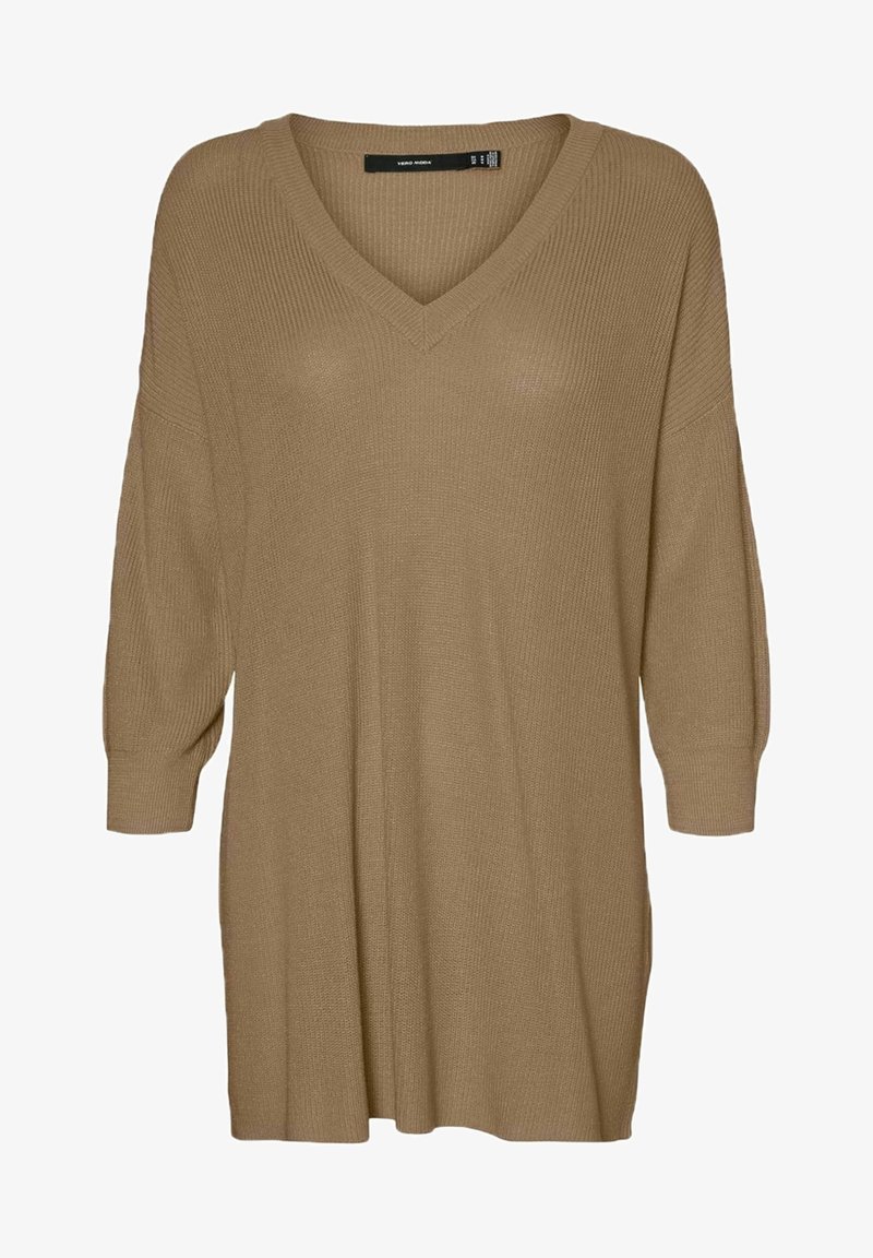 Pull beige oversize en maille avec col en V et manches trois-quarts, coupe ample, texture côtelée de Vero Moda.