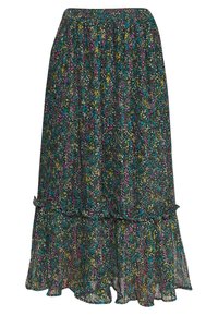 Maksihame kukkakuviolla mustana, jossa on monivärinen kukkakuosi, kerroksellinen muotoilu ja röyhelöhelma. Valmistettu kevyestä ja valuvaasta kankaasta.