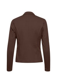 Blazer structuré marron à manches longues, col cranté et coupe ajustée. Texture lisse et coutures nettes, sans attaches visibles.