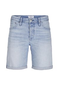 Shorts in denim blu chiaro con taglio dritto, orli arrotolati, tasche frontali e etichetta con il marchio sulla cintura.