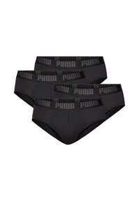 Drei Paar schwarze Slips mit einem breiten schwarzen Bund, auf dem das Puma-Logo in Dunkelgrau auf einem glatten, weichen Stoff abgebildet ist.