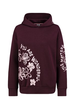 Dunkellila Kapuzenpullover mit pinken Blumenmotiven und den Phrasen "You Are Wonderful" und "Love Matters" auf Vorderseite und Ärmel gedruckt.