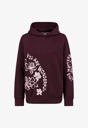 Dunkellila Kapuzenpullover mit pinken Blumenmotiven und den Phrasen "You Are Wonderful" und "Love Matters" auf Vorderseite und Ärmel gedruckt.