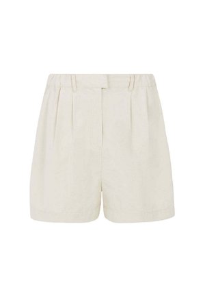 Pantaloni corti plissettati in un tessuto beige chiaro, con una vita elasticizzata e due tasche frontali, dal taglio dritto e con dettagli minimi.