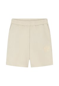 Beige katoenen shorts met een elastische tailleband, zijzakken en een subtiele geborduurde logo op het linkerpunt. Glad textuur, ontspannen pasvorm.