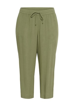 Olive green cotton blend pants with an elastic waistband, adjustable drawstring, cropped length, and side seams for ease of movement.