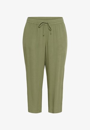 Pantalons en mélange de coton vert olive avec une taille élastique, un cordon de serrage ajustable, une longueur cropped et des coutures latérales pour plus de liberté de mouvement.
