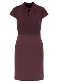 Burgundy dress with a pleated neckline, short sleeves, and a textured hem. Features a keyhole cutout and a back zipper closure.