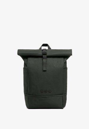 Dark green roll-top backpack with central buckle strap and subtle embossed icons on the front panel, shown against a white background.