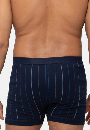 Marineblaue Boxershorts aus Baumwolle mit vertikalen Streifen in Blau- und Grautönen, ausgestattet mit einem weichen, elastischen Bund.
