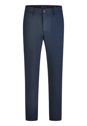 Marineblaue, maßgeschneiderte Herrenhose mit Knopf- und Reißverschluss, Gürtelschlaufen und geradem Bein.