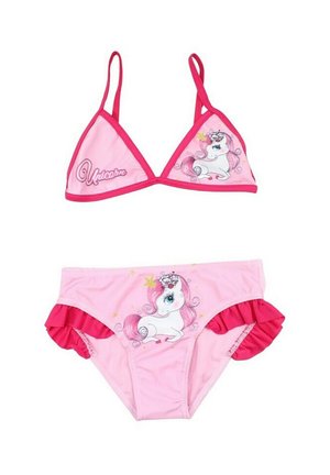 Ensemble de bikini rose comprenant un haut triangle et un bas à volants, orné d'un motif de licorne et d'étoiles décoratives. Fabriqué en tissu extensible.