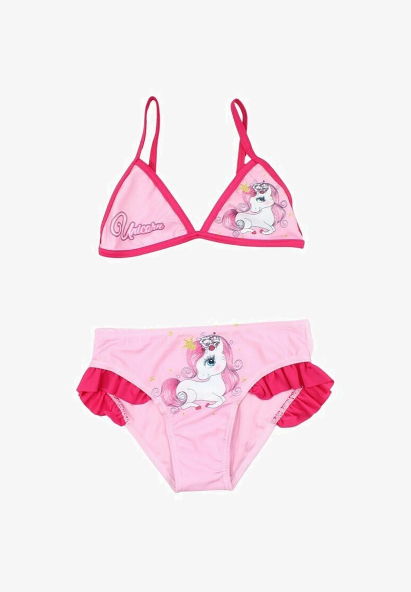 Ensemble de bikini rose comprenant un haut triangle et un bas à volants, orné d'un motif de licorne et d'étoiles décoratives. Fabriqué en tissu extensible.