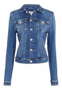 Denim jacket in medium blue with long sleeves, button closure, two chest pockets, and a fitted design. Features slight fading and stitched detailing.