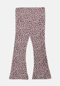 Leopardmönstrade leggings i rosa tyg, med en utvidgad design och stretchigt material. Accenterade med svarta och ljusblå prickar.