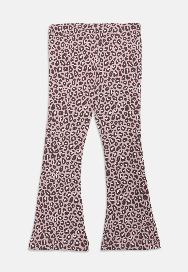 Leggings com padrão de leopardo em tecido rosa, com um design evasé e material elástico. Acabados com manchas pretas e azuis claras.
