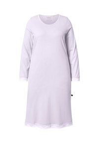 Vestaglia leggera viola chiaro con maniche lunghe, scollatura a barca e pizzo alle estremità delle maniche e all'orlo. Realizzata in tessuto morbido e traspirante per il massimo comfort.