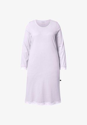 Helllila Nachthemd mit langen Ärmeln, Rundhalsausschnitt und Spitzenverzierung an den Bündchen und am Saum. Aus weichem, atmungsaktivem Stoff für optimalen Tragekomfort.