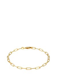 Pulsera de eslabones de oro que presenta eslabones ovalados alargados con un acabado pulido. Incluye un cierre seguro. Diseño minimalista.