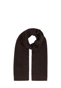 Dunkelbrauner gerippter Strickschal mit einer weichen Textur, der ein durchgehendes Schlaufen-Design aufweist und vielseitige Styling-Optionen bietet.