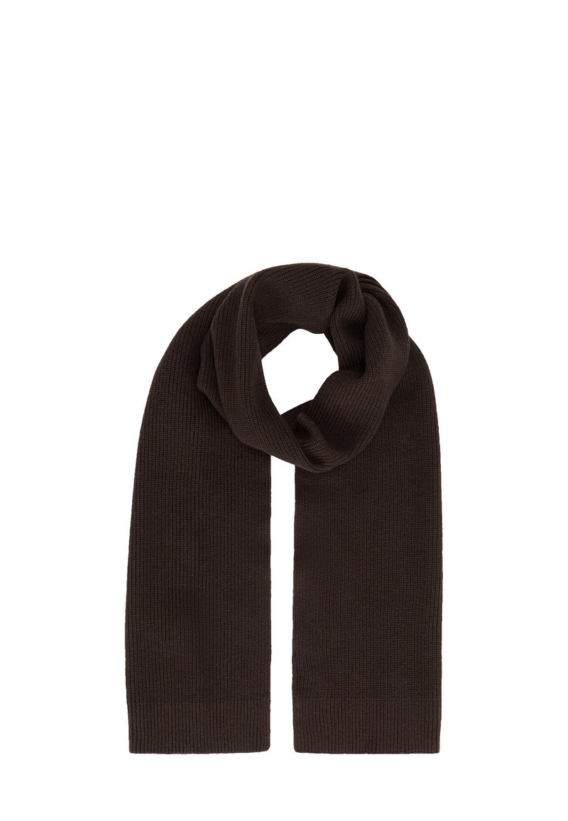 Dunkelbrauner gerippter Strickschal mit einer weichen Textur, der ein durchgehendes Schlaufen-Design aufweist und vielseitige Styling-Optionen bietet.