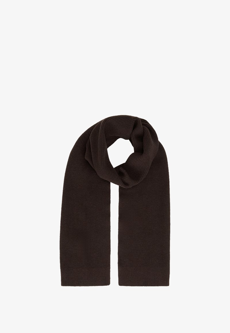 Sciarpa a maglia a coste di colore marrone scuro, con una texture morbida, caratterizzata da un design a loop continuo, adatta per opzioni di stile versatili.