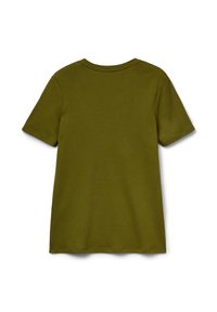 Ein einfarbiges, olivgrünes T-Shirt aus Baumwolle mit kurzen Ärmeln, von hinten mit rundem Ausschnitt vor einem weißen Hintergrund gezeigt.