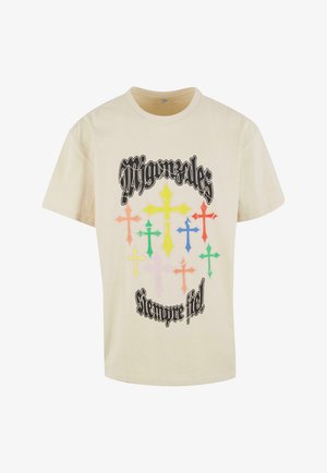 Cream cotton t-shirt featuring colorful cross graphics in yellow, green, pink, and orange with the text "Siempre fiel" in black.