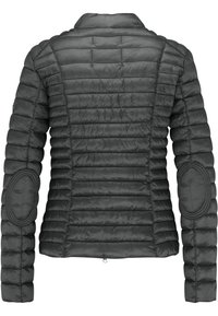Black quilted jacket featuring a stand collar, ribbed cuffs, and padded elbow patches. Durable, lightweight material with horizontal stitching.