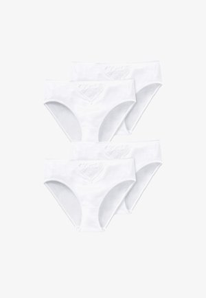 Vier Paare weiße Baumwoll-Damenunterhosen mit Spitzenverzierungen an der vorderen Taille und einer glatten Textur. Klassisches Schnittdesign.