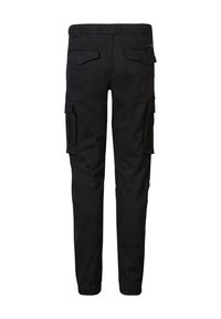 Zwarte cargobroek met een rekbare tailleband, twee zijzakken en twee achterzakken, met een tapered leg ontwerp.