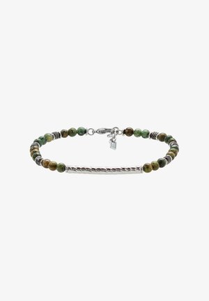 Beaded bracelet with green and brown stones, silver accents, a twisted silver bar centerpiece, and a lobster clasp with a small tag.