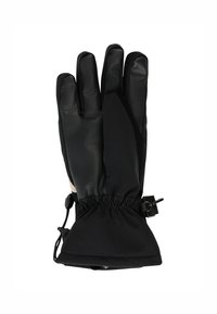Čierne vodeodolné rukavice s textúrovaným povrchom, elastickým manžetom a nastaviteľným páskom. Obsahujú tri tvarované prsty a palec.