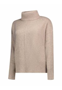 Pull à col roulé tricoté beige, avec ourlet et poignets côtelés, coupe ample et détails sur les coutures latérales pour une texture supplémentaire.