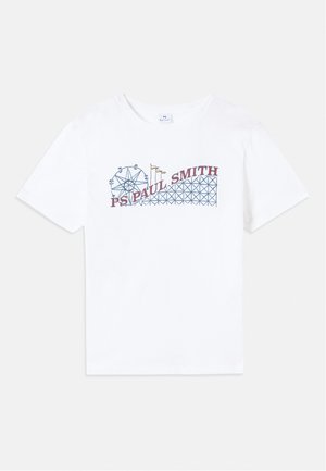 White cotton t-shirt featuring a colorful graphic of a ferris wheel and roller coaster with "PS Paul Smith" text in red and blue.