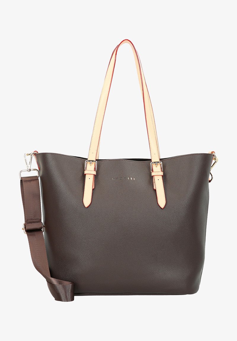 Brown textured tote bag with light straps, featuring silver-tone hardware and a red accent on the strap edges. Sleek and structured design.