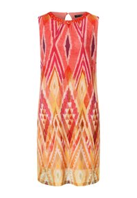 Robe sans manches avec un décolleté arrondi, arborant un motif géométrique orange, rouge et jaune, et des accents en perles au niveau du col.