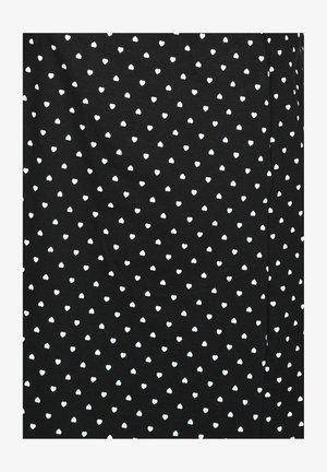 Black fabric with small, evenly spaced white heart patterns and a subtle pocket outline in the center.