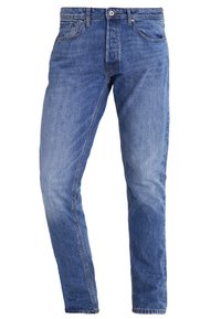 Hellblaue Denim-Jeans mit geradem Schnitt, mit Reißverschluss, Fünf-Taschen-Design und dezenten Ausbleichungen an den Oberschenkeln und Knien.