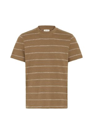 Braunes T-Shirt mit kurzen Ärmeln und weißen horizontalen Streifen. Rundhalsausschnitt, aus weichem Stoff mit glatter Textur. Einfaches Design.