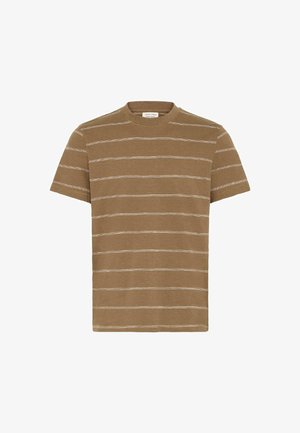 Braunes T-Shirt mit kurzen Ärmeln und weißen horizontalen Streifen. Rundhalsausschnitt, aus weichem Stoff mit glatter Textur. Einfaches Design.