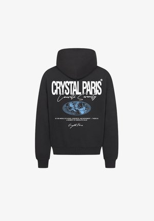 Zwarte hoodie met een groot wit merklogo, blauw grafisch ontwerp en tekst op de achterkant. Zachte textuur met een trekkoord in de kap en ribgebreide boorden.