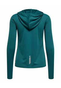 Teal krāsas garām piedurknēm sporta kapuce, redzama no aizmugures, ar teksturētu audumu un mazu vertikālu atstarojošu svītru netālu no apakšas centra.