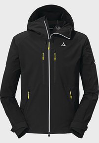 Schwarze wasserdichte Jacke mit Kapuze, ausgestattet mit gelben Reißverschlussgriffen, zwei Vorder-Taschen und einem Logo auf der Brust. Glatte Textur, taillierter Schnitt.